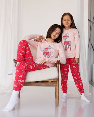 Комплект на дівчинку зі штанами - зимовий олень - Family look мама/донька, Персиковий, 3-4