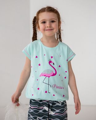 Пижамка с капри на девочку - фламинго, Ментоловий, 3-4