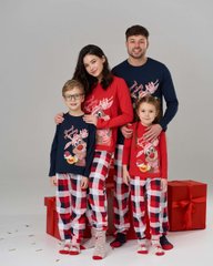 Подростковая пижама для мальчика со штанами в клетку - Олень с чашкой - Family look для семьи, Темно-синий, 8-9