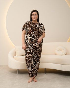 Віскозний комплект зі штанами та футболкою - Леопард- Plus Size Коричневий 4XL