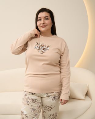 Батальна піжама зі штанами у квіти - Інтерлок Бежевий 2XL