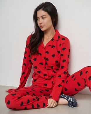 Женская пижама на пуговицах со штанами - красная в сердечки Фото товара - Интернет-магазин Zaragoza