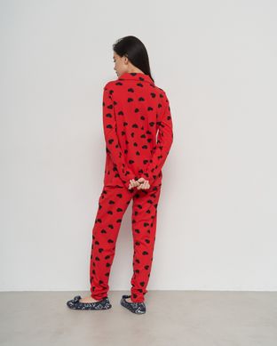 Жіноча піжама на ґудзиках зі штанами - червона в серця Фото товару - Інтернет-магазин Zaragoza