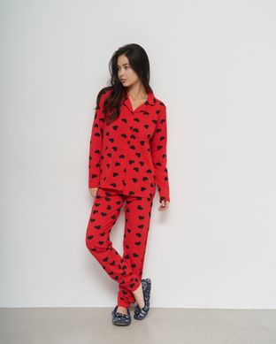 Женская пижама на пуговицах со штанами - красная в сердечки Фото товара - Интернет-магазин Zaragoza
