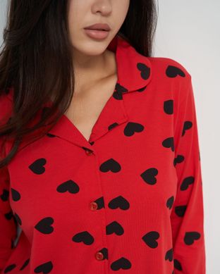 Жіноча піжама на ґудзиках зі штанами - червона в серця Фото товару - Інтернет-магазин Zaragoza