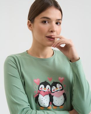 Женский комплект со штанами Пингвины - Family look мама/дочка Зеленый S Фото товара - Интернет-магазин Zaragoza