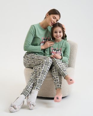 Женский комплект со штанами Пингвины - Family look мама/дочка Зеленый S Фото товара - Интернет-магазин Zaragoza