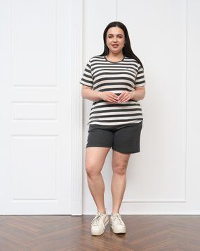 Комплект футболка с шортами Plus Size - рубчик Полоски Тёмно-серый 2xl