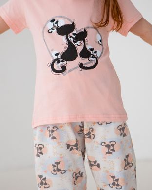 Пижамка на девочку с капри - котики, Світло-персиковий, 3-4