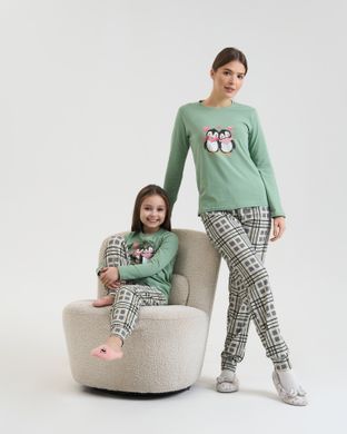 Пижама на девочку-подростка Пингвины - Family look мама/дочка Зеленый 8-9 Фото товара - Интернет-магазин Zaragoza