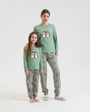 Пижама на девочку-подростка Пингвины - Family look мама/дочка Зеленый 8-9 Фото товара - Интернет-магазин Zaragoza