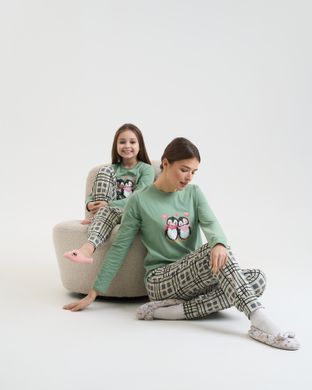 Пижама на девочку-подростка Пингвины - Family look мама/дочка Зеленый 8-9 Фото товара - Интернет-магазин Zaragoza