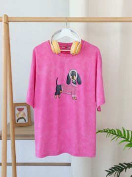 Футболка oversize с собачкой 26007-3 Розовый в универсальном размере