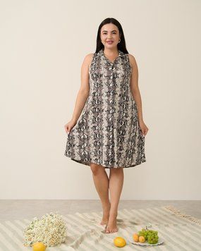 Женская туника-халат на пуговицах Plus Size - Змеиный принт Бежевый 2xl