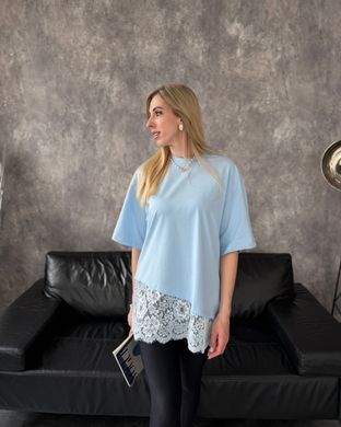 Футболка oversize с асимметричным низом и кружевом 13009-2 Голубой в универсальном размере