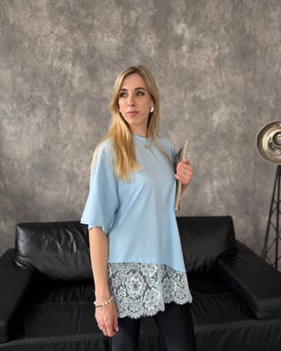 Футболка oversize с асимметричным низом и кружевом 13009-2 Голубой в универсальном размере