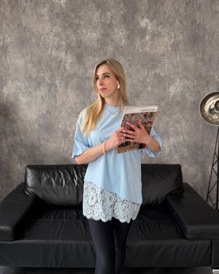Футболка oversize с асимметричным низом и кружевом 13009-2 Голубой в универсальном размере