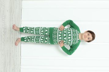 Дитяча піжама для хлопчика зі штанами - Новорічний орнамент - Family look для родини, Зелений, 5-6