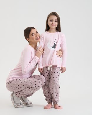 Піжама на дівчинку підлітка Кіт і зірки - Family look мама/донька Світло-рожевий 8-9