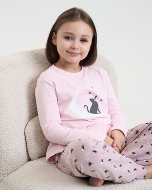 Піжама на дівчинку підлітка Кіт і зірки - Family look мама/донька Світло-рожевий 8-9