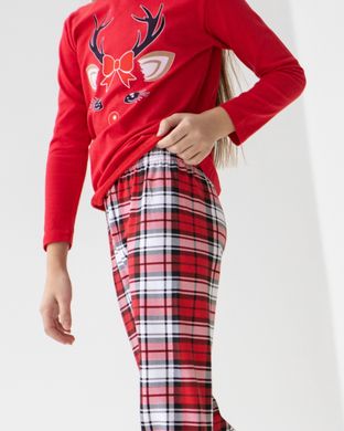 Красная пижама на девочку со штанами в клетку - олень, Красный, 3-4