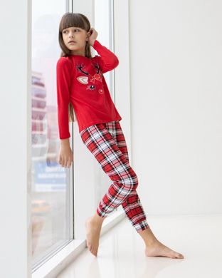 Красная пижама на девочку со штанами в клетку - олень, Красный, 3-4