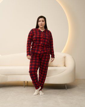 Батальная пижама на пуговицах Клетка - Family look для пары Красный 2XL