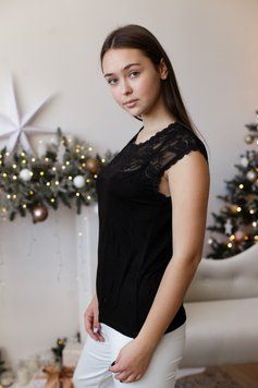 Майка жіноча мереживна спереду - Білий, Чорний, Чорний, m