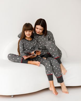 Серая пижама на девочку - мелкий принт - Family look мама/дочь, Тёмно-серый, 8-9
