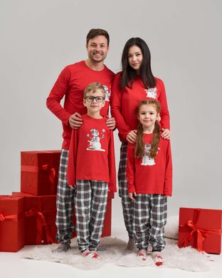 Мужской комплект со штанами в клетку - Снеговик - Family look для семьи, Красный, m