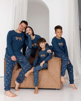 Піжама на дівчинку зі штанами - леопард - Family look для родини, Темно-бірюзовий, 8-9