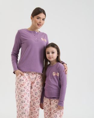 Жіночий комплект зі штанами в котики - кофтинка в рубчик - Family look мама/донька Баклажановий S Фото товару - Інтернет-магазин Zaragoza