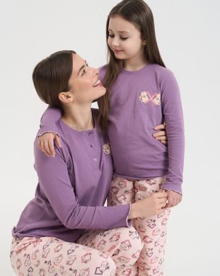 Жіночий комплект зі штанами в котики - кофтинка в рубчик - Family look мама/донька Баклажановий S Фото товару - Інтернет-магазин Zaragoza