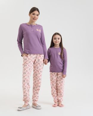 Жіночий комплект зі штанами в котики - кофтинка в рубчик - Family look мама/донька Баклажановий S Фото товару - Інтернет-магазин Zaragoza