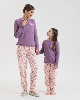 Жіночий комплект зі штанами в котики - кофтинка в рубчик - Family look мама/донька Баклажановий S Фото товару - Інтернет-магазин Zaragoza