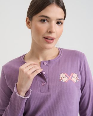 Жіночий комплект зі штанами в котики - кофтинка в рубчик - Family look мама/донька Баклажановий S Фото товару - Інтернет-магазин Zaragoza