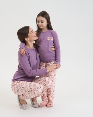 Жіночий комплект зі штанами в котики - кофтинка в рубчик - Family look мама/донька Баклажановий S Фото товару - Інтернет-магазин Zaragoza