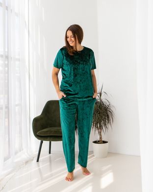 Комплект со штанами из мраморного велюра - Батал, Зелёный, 2xl