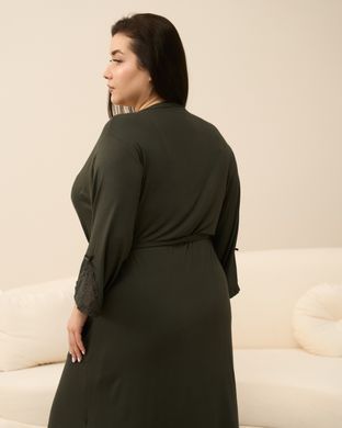 Комплект батал халат + сорочка однотонный кружево - Вискоза Хаки 2XL