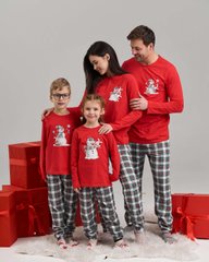 Пижама на девочку со штанами в клетку - Снеговик - Family look для семьи, Красный, 14-15