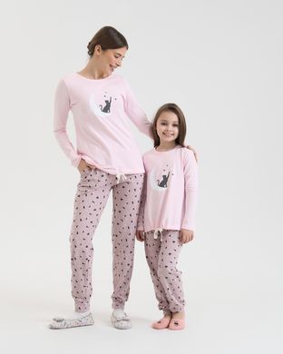 Женский комплект со штанами Кот и звезды - Family look мама/дочка Светло-розовый S Фото товара - Интернет-магазин Zaragoza
