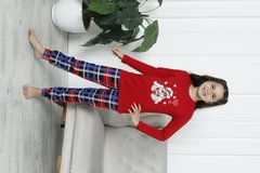 Детская пижама на девочку с брюками - Новогодний мишка - Family look для семьи, Красный, 3-4