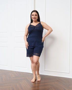 Вискозная однотонная пижама с шортиками - Plus Size Темно-синий 2xl