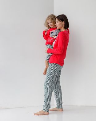 Підліткова піжама зі смугастими штанами - ведмедик - Family look мама/донька, Червоний, 8-9