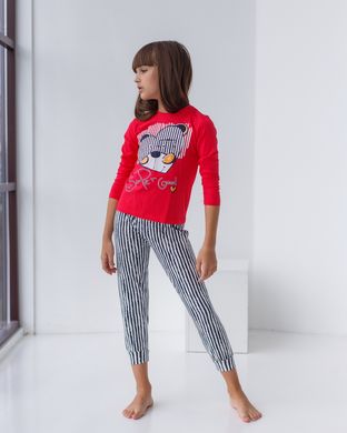 Подростковая пижама с полосатыми штанами - мишка - Family look мама/дочь, Красный, 8-9