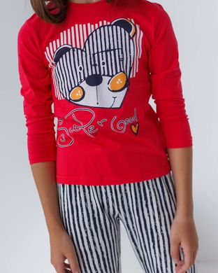 Подростковая пижама с полосатыми штанами - мишка - Family look мама/дочь, Красный, 8-9