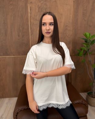 Футболка oversize с кружевом 26005-1 Молочный в универсальном размере