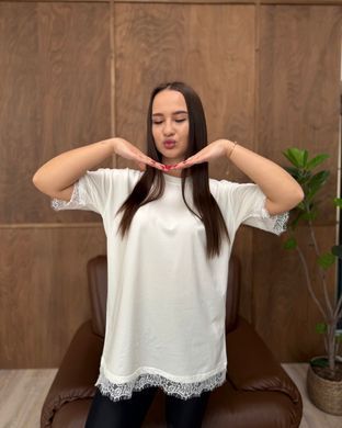 Футболка oversize с кружевом 26005-1 Молочный в универсальном размере