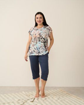 Женский комплект Plus Size с капри - цветочный принт Бежевый l