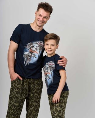 Чоловічий комплект з шортами хакі - листя - Family look батько/син, Темно-синій, m